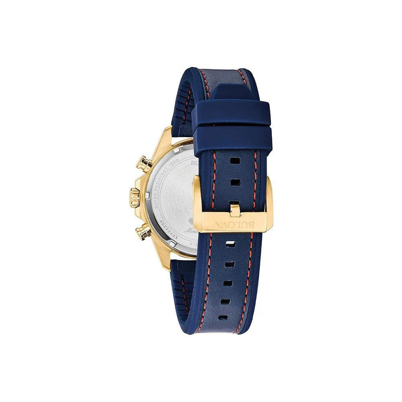 Bulova Marine Star 97B168 analog herrklocka med mörk blå urtavla och armband i skinn