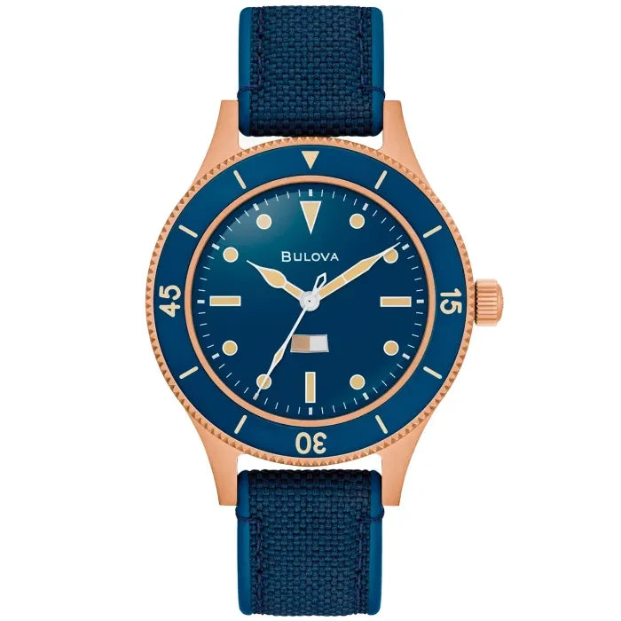 Bulova MIL-Ships 98A325 analog herrklocka med blå urtavla och armband i silikon