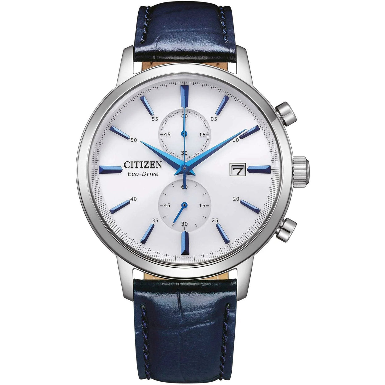 Citizen Eco-Drive Chronograph CA7069-16A analog herrklocka med vit urtavla och armband i läder