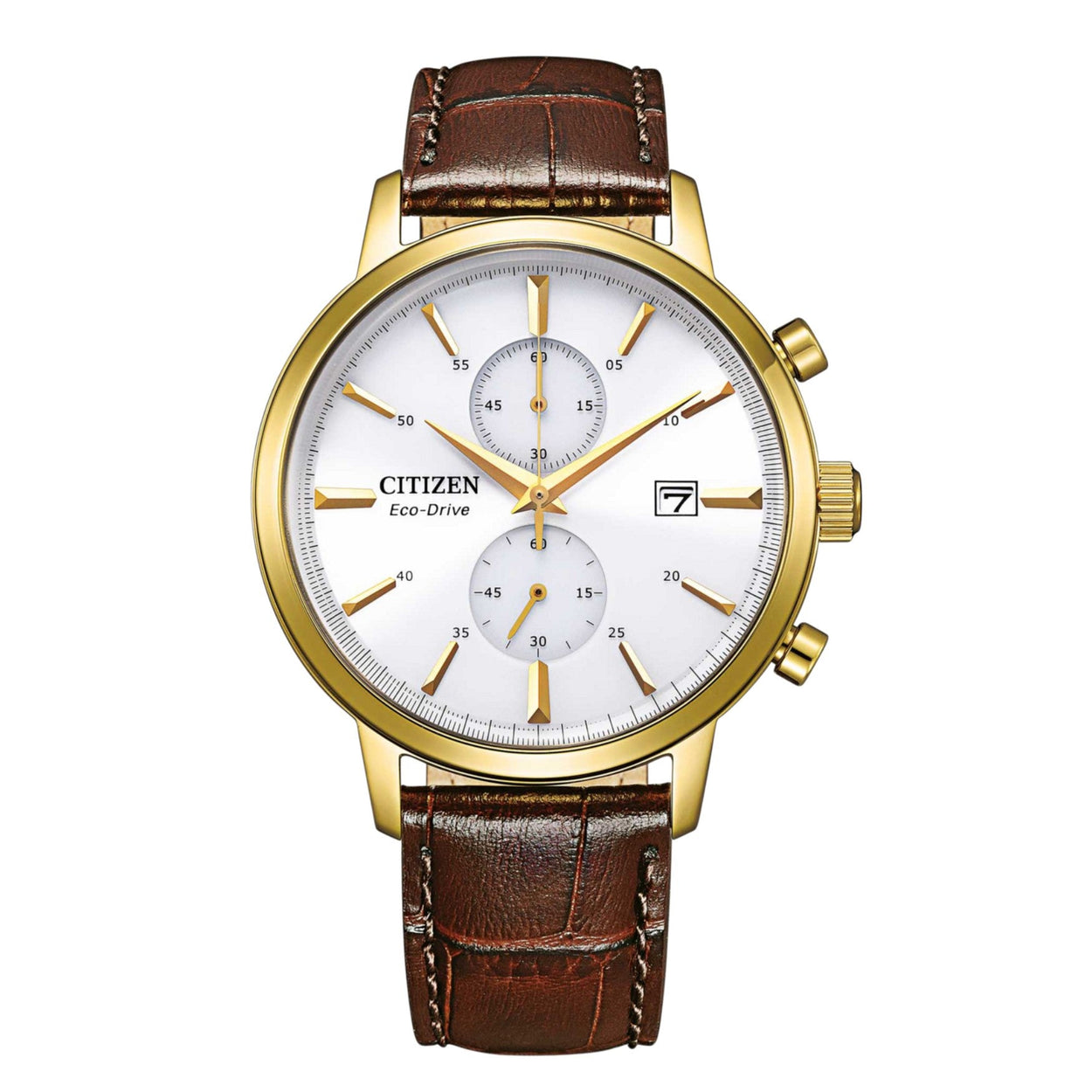 Citizen Eco-Drive Chronograph CA7062-15A analog herrklocka med vit urtavla och armband i läder