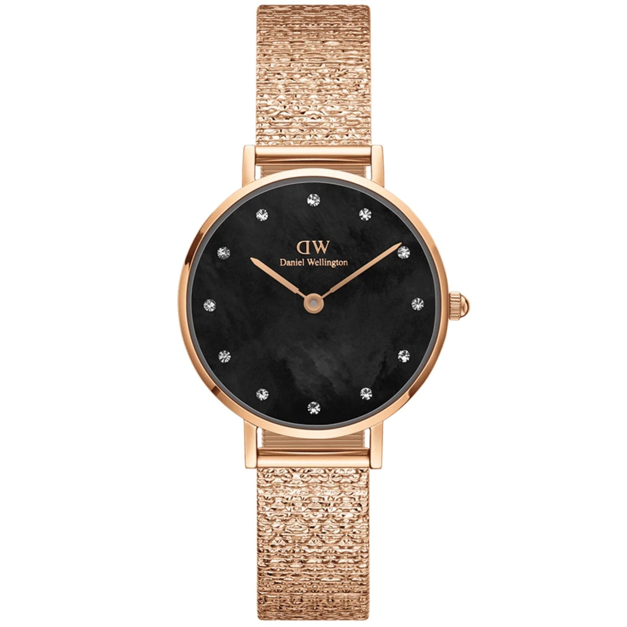 Daniel Wellington Petite Lumine Pressed DW00100591 analog damklocka med svart urtavla och armband i rostfritt stål
