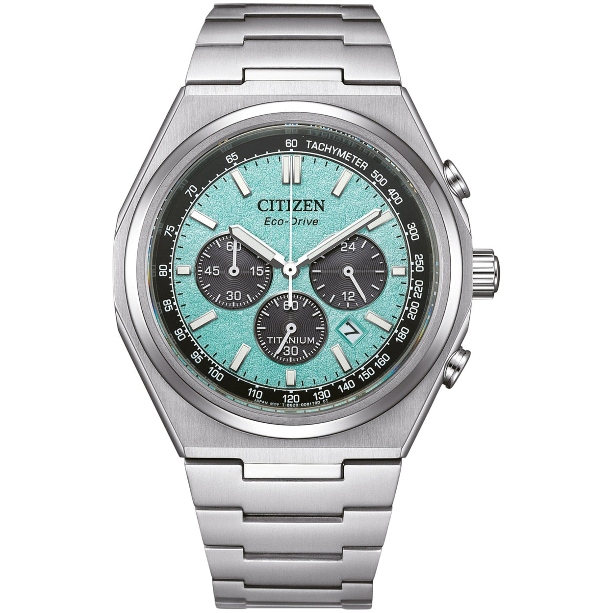 Citizen Super Titanium CA4610-85M analog herrklocka med turkos urtavla och armband i titan