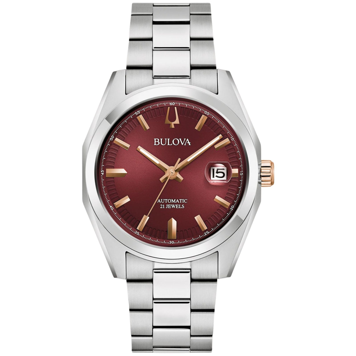Bulova Surveyor 98B422 analog herrklocka med rött urtavla och armband i rostfritt stål