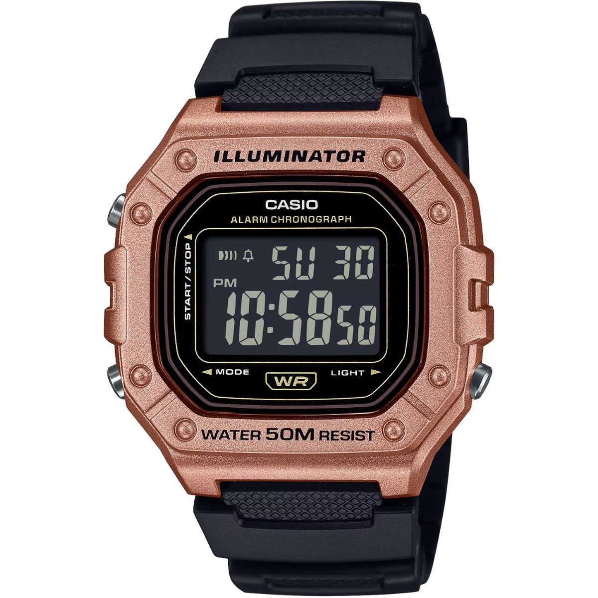 Casio Timeless W-218HM-5BVEF digital unisexklocka med svart urtavla och armband i gummi