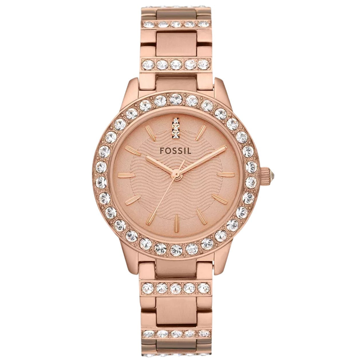 Fossil Jesse ES3020 analog damklocka med roséguld urtavla och armband i rostfritt stål