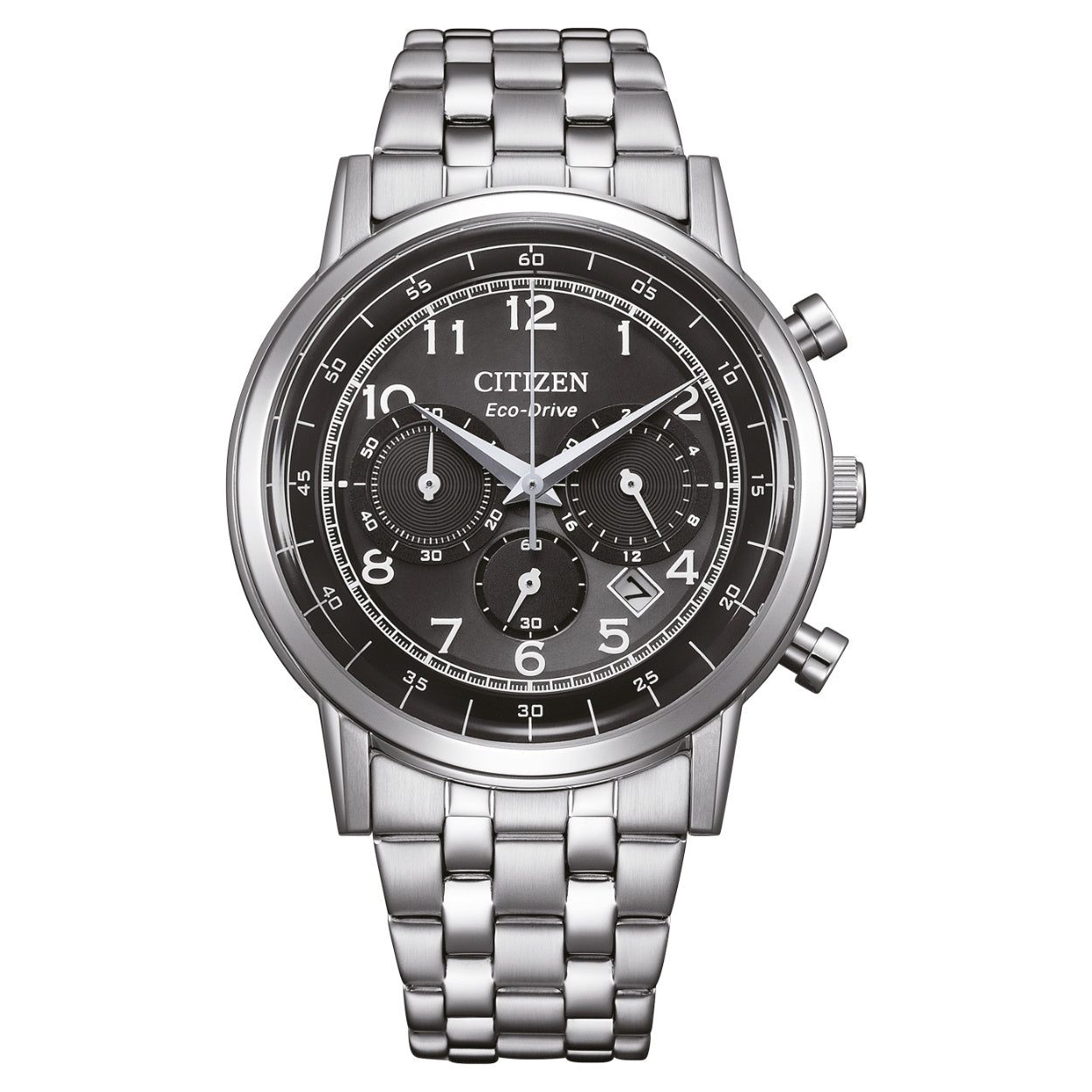 Citizen Eco-Drive Chronograph CA4630-53E analog herrklocka med svart urtavla och armband i rostfritt stål