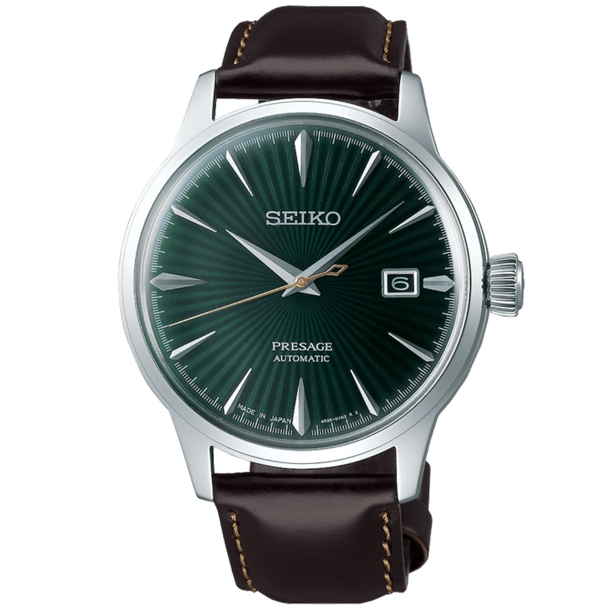 Seiko Presage Cocktail SRPD37J1 analog herrklocka med grön urtavla och armband i läder