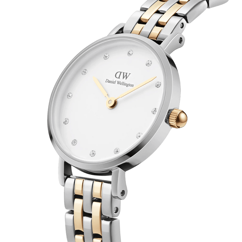 Daniel Wellington Petite Lumine 5-Link Two-Tone analog damklocka med vit urtavla och armband i rostfritt stål