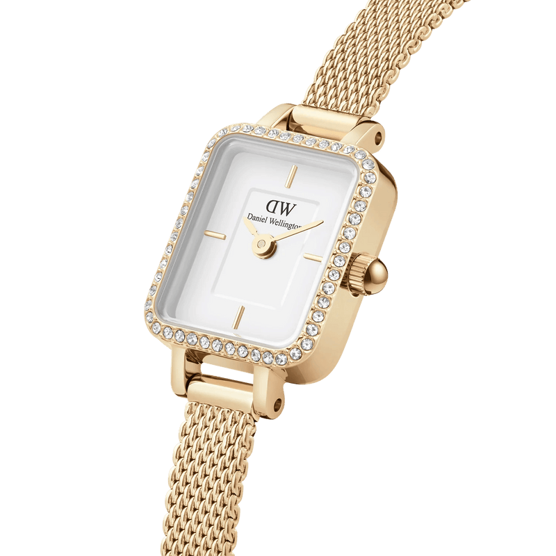 Daniel Wellington Quadro Mini Lumine Bezel Gold analog damklocka med vit urtavla och armband i rostfritt stål