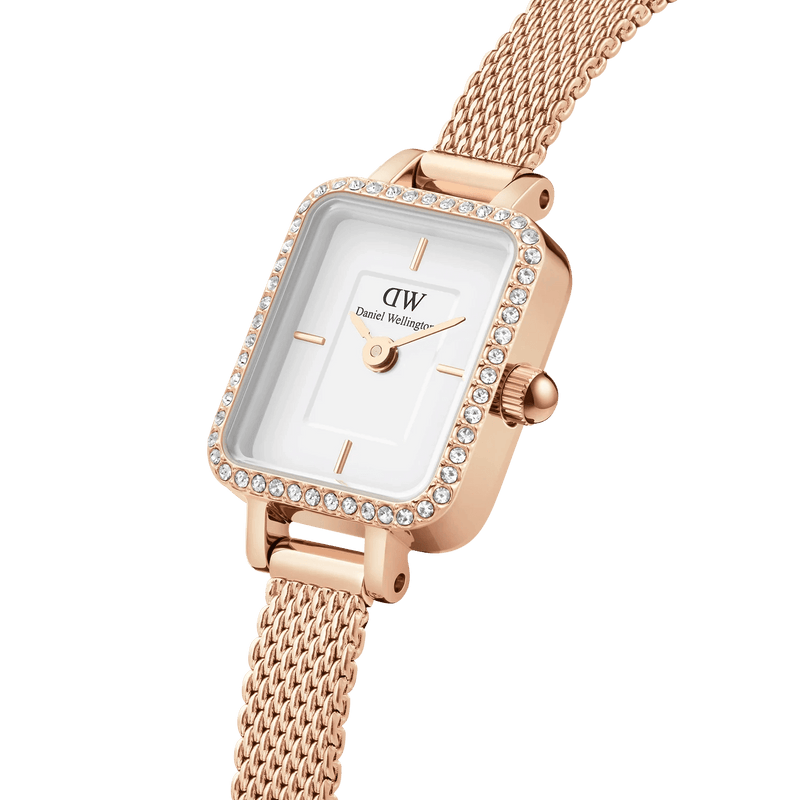 Daniel Wellington Quadro Mini Lumine Bezel Rose Gold analog damklocka med vit urtavla och armband i rostfritt stål