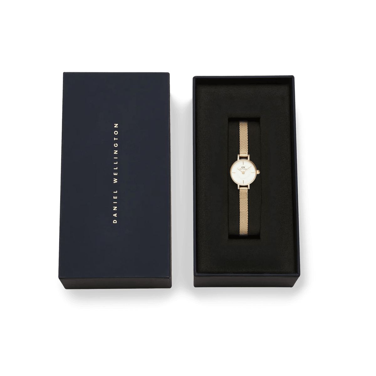 Daniel Wellington Petite Mini Evergold analog damklocka med vit urtavla och armband i rostfritt stål