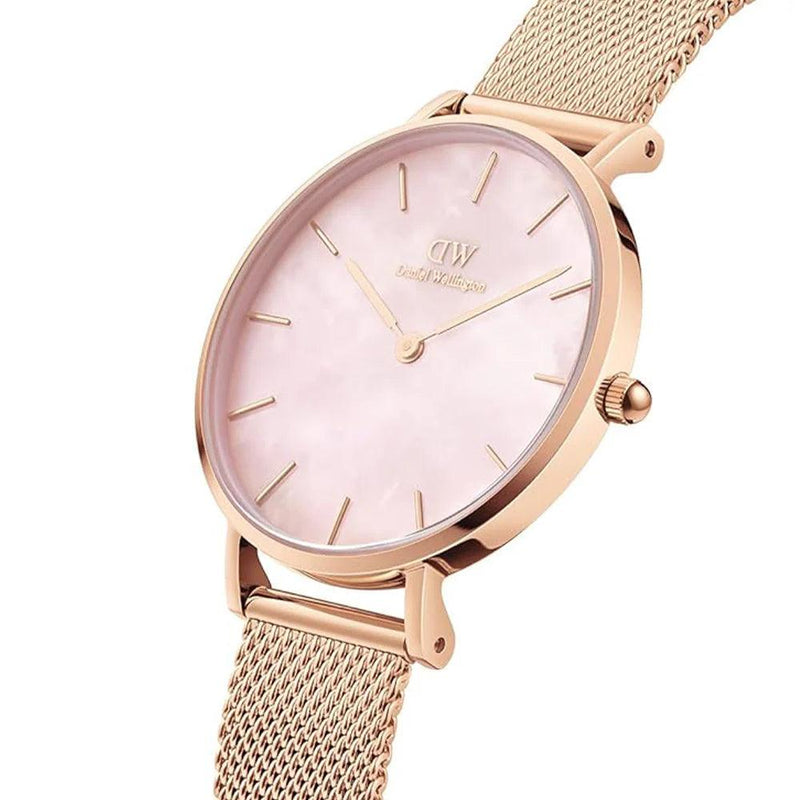 Petite Melrose Pearl Ø32mm DW00100516 analog damklocka med rosa urtavla och armband i rostfritt stål