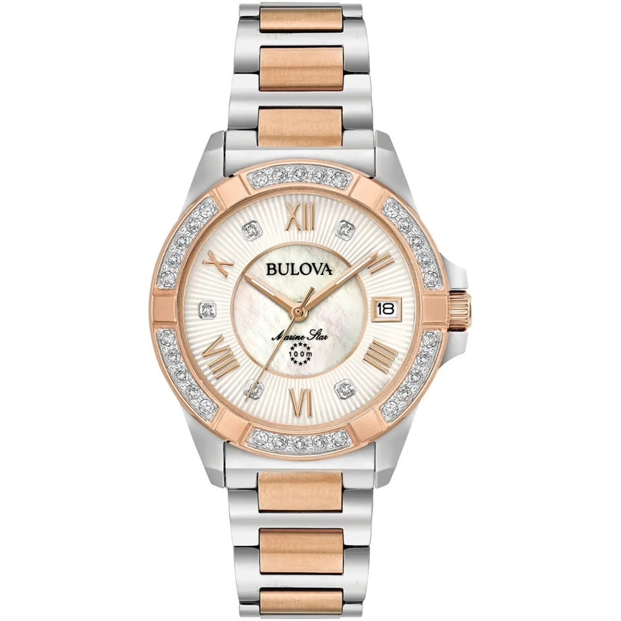 Bulova Marine Star Diamond 98R234 analog damklocka med vit urtavla och armband i rostfritt stål