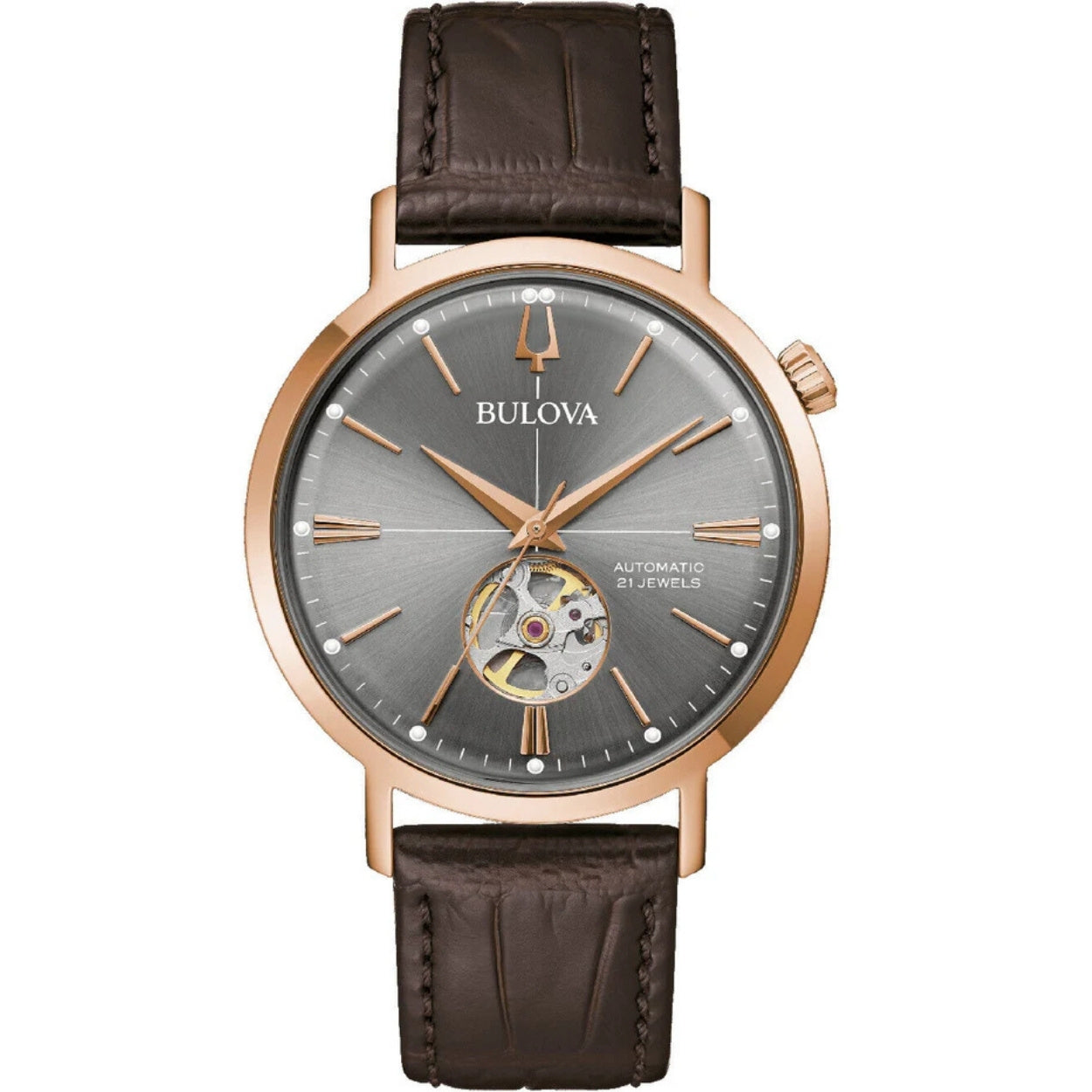 Bulova Aerojet Automatic 97A171 analog herrklocka med grå urtavla och armband i läder