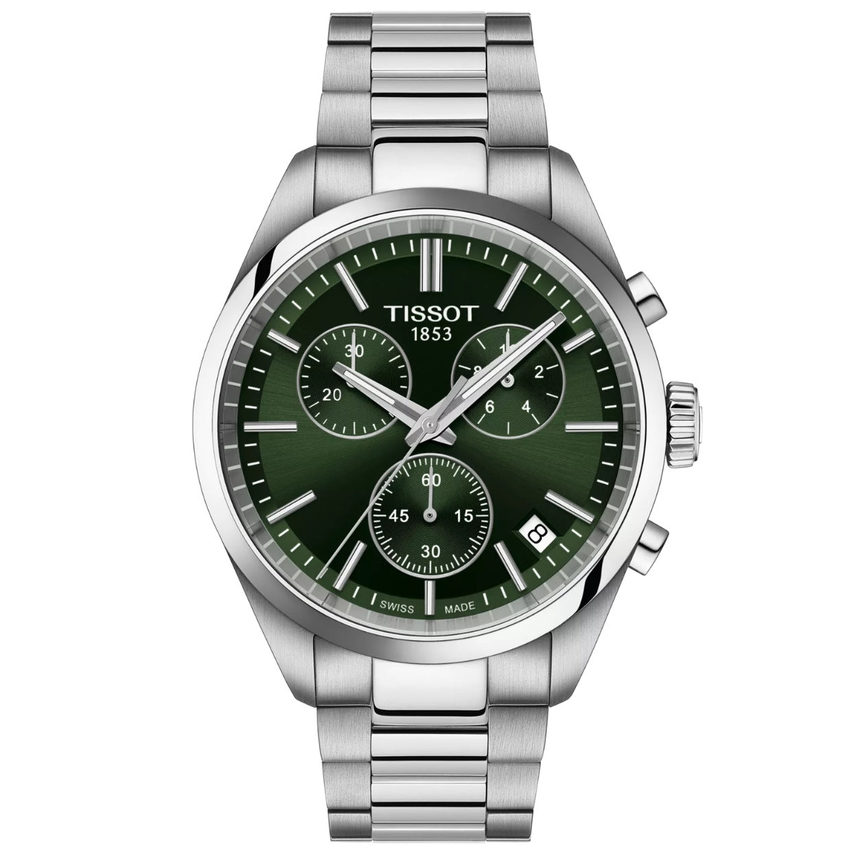 Tissot PR 100 T150.417.11.091.00 analog herrklocka med grön urtavla och armband i rostfritt stål