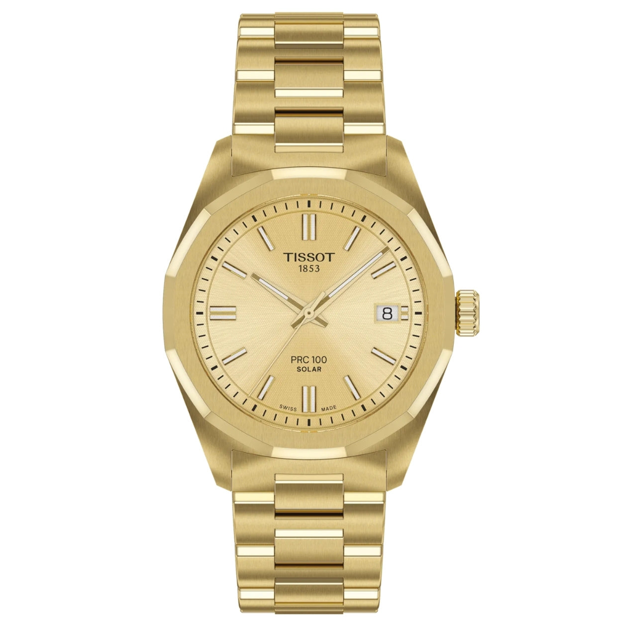 Tissot PRC 100 Solar T151.822.33.021.00 analog damklocka med guld urtavla och armband i rostfritt stål