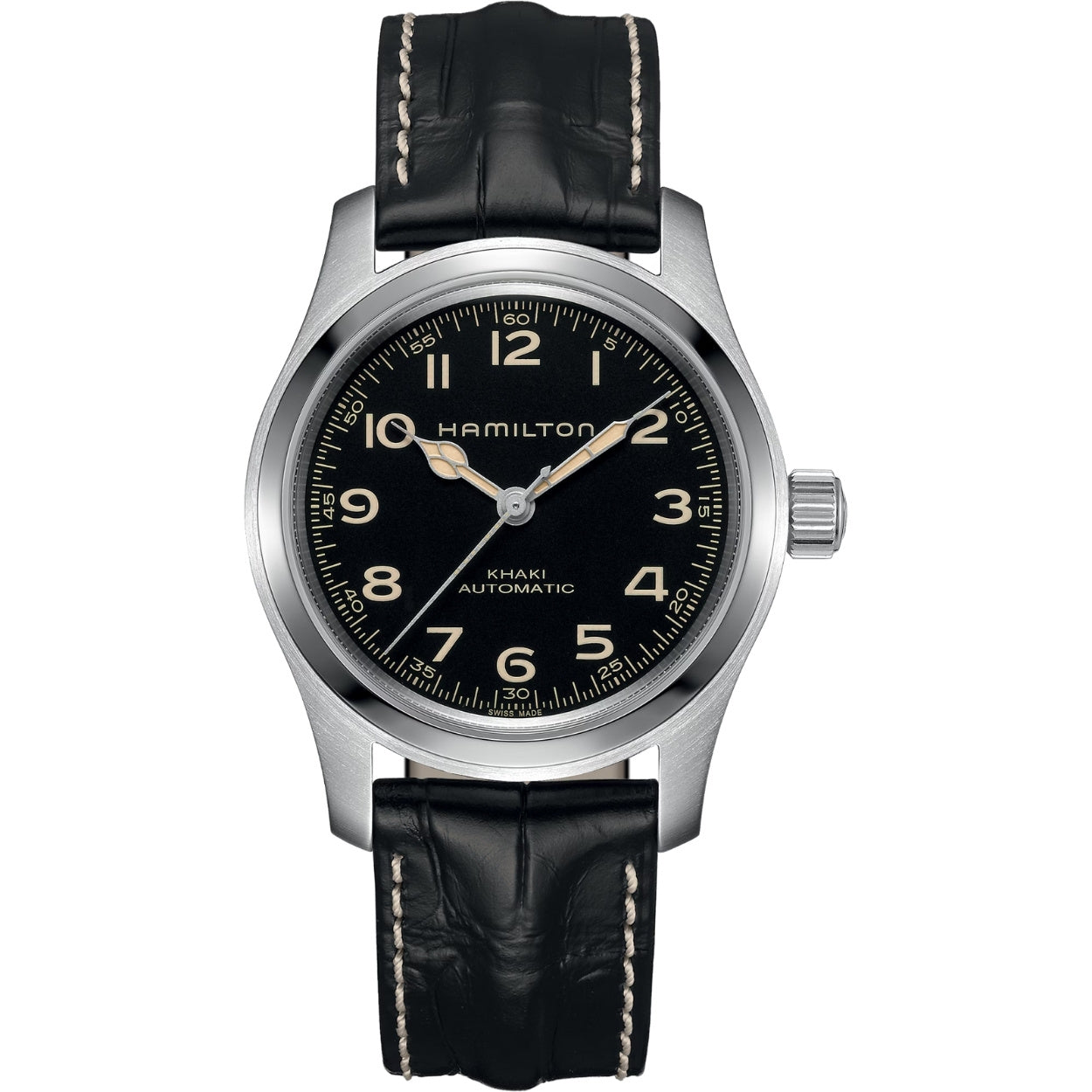 Hamilton Khaki Field Murph Auto H70605732 analog herrklocka med svart urtavla och armband i skinn