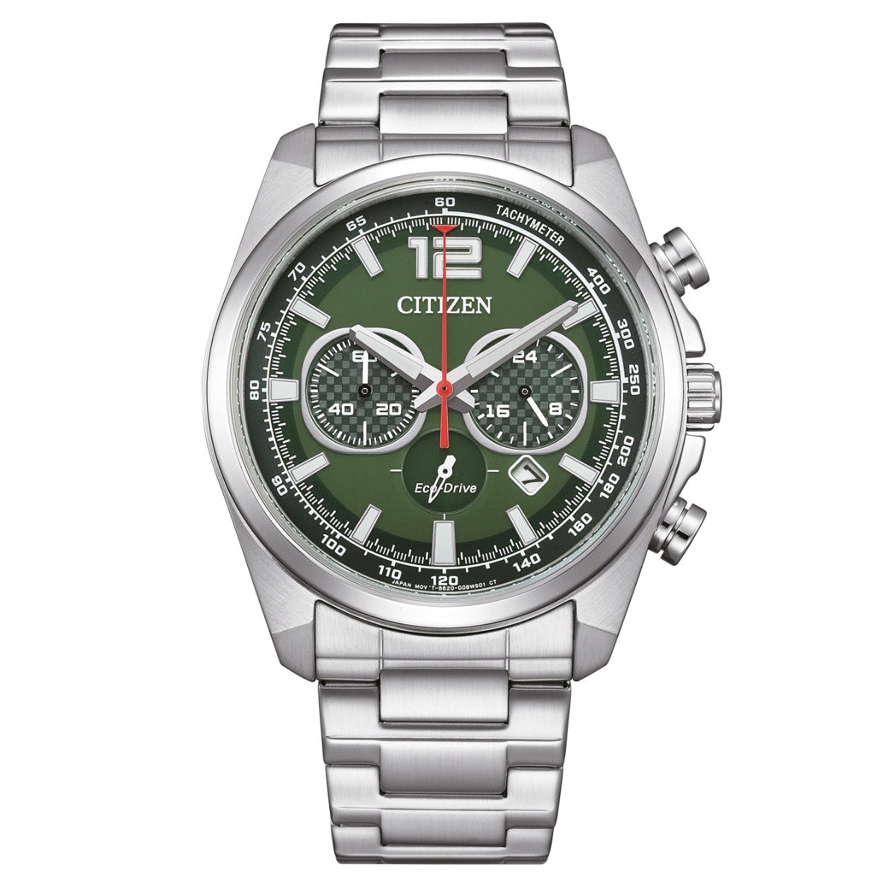 Citizen Eco-Drive Chronograph CA4640-50X analog herrklocka med grön urtavla och armband i rostfritt stål