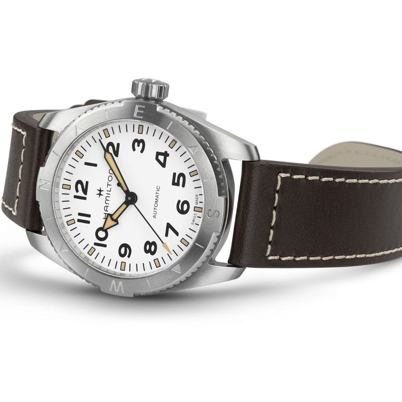 Hamilton Khaki Field Expedition Auto H70225510 analog herrklocka med vit urtavla och armband i läder