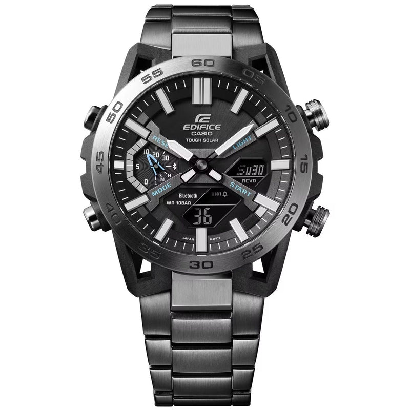 Casio Edifice ECB-2000DC-1AEF analog herrklocka med svart urtavla och armband i rostfritt stål