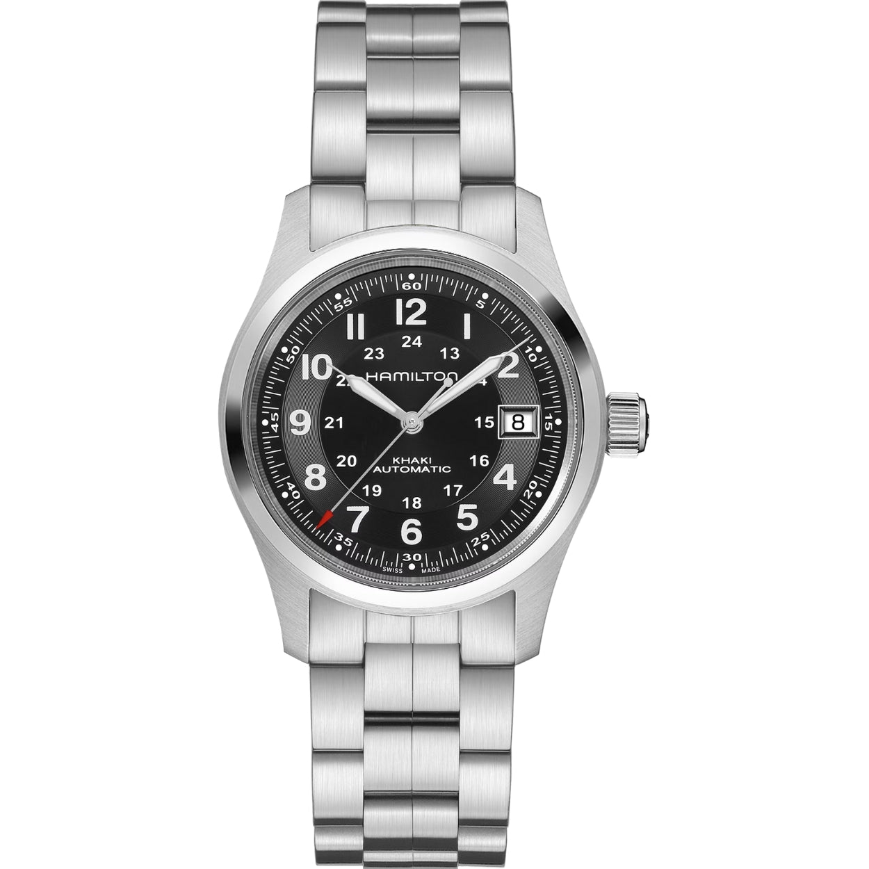 Hamilton Khaki Field Auto H70455133 analog herrklocka med svart urtavla och armband i rostfritt stål