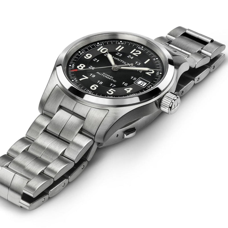 Hamilton Khaki Field Auto H70455133 analog herrklocka med svart urtavla och armband i rostfritt stål