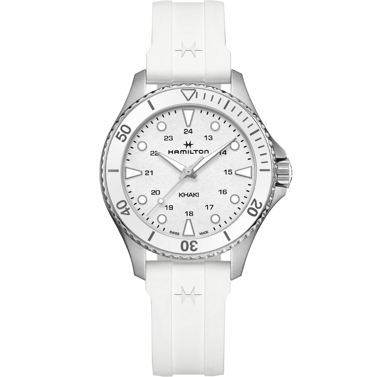 Hamilton Khaki Navy Scuba H82221310 analog unisexklocka med vit urtavla och armband i gummi