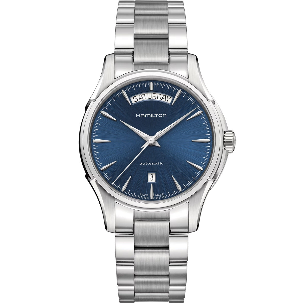 Hamilton Jazzmaster Day Date Auto H32505141 analog herrklocka med blå urtavla och armband i rostfritt stål