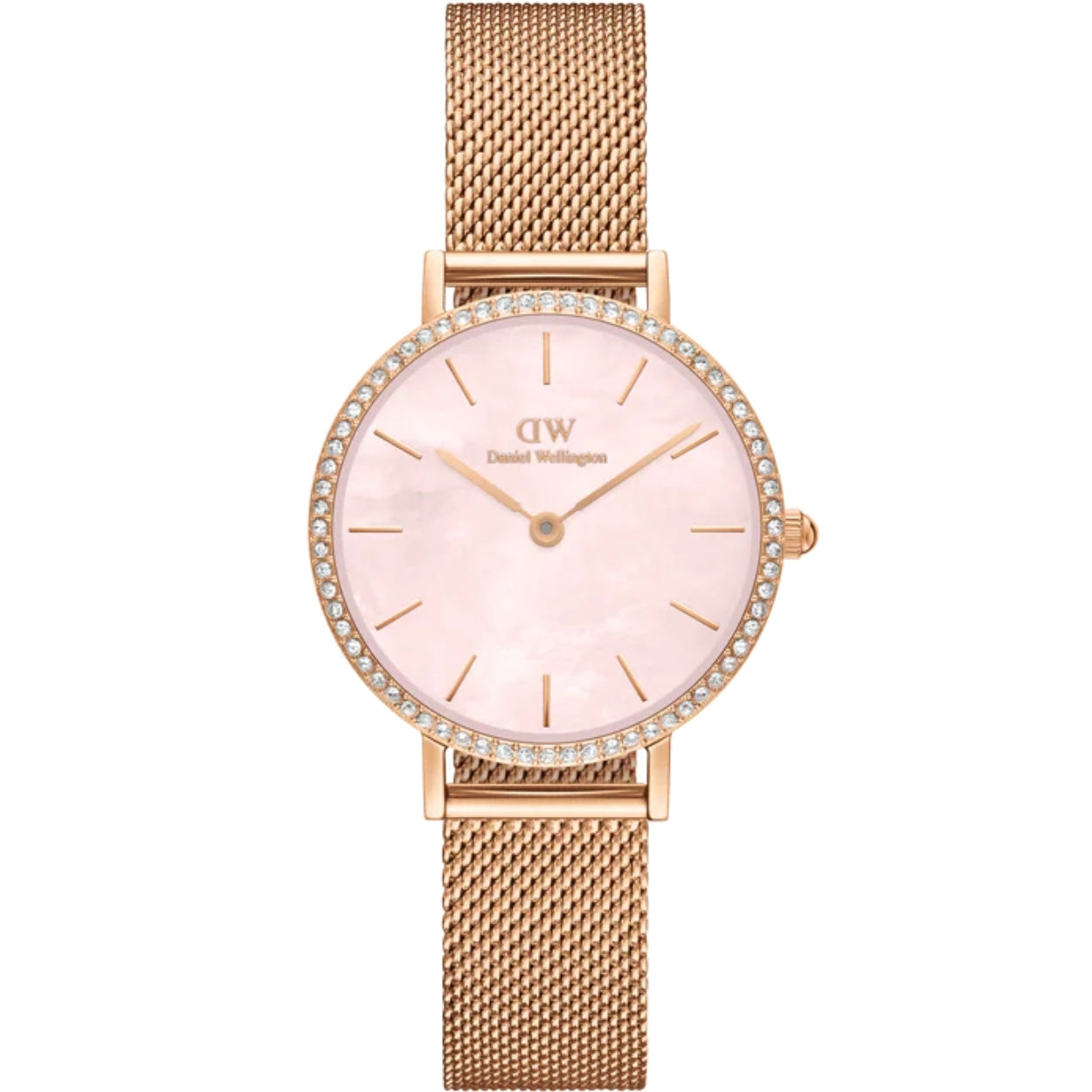 Daniel Wellington Petite Lumine Bezel Melrose DW00100663 analog damklocka med rosa urtavla och armband i rostfritt stål