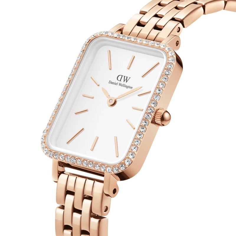 Daniel Wellington Quadro Lumine Bezel 5-Link Melrose DW00100672 analog damklocka med vit urtavla och armband i rostfritt stål