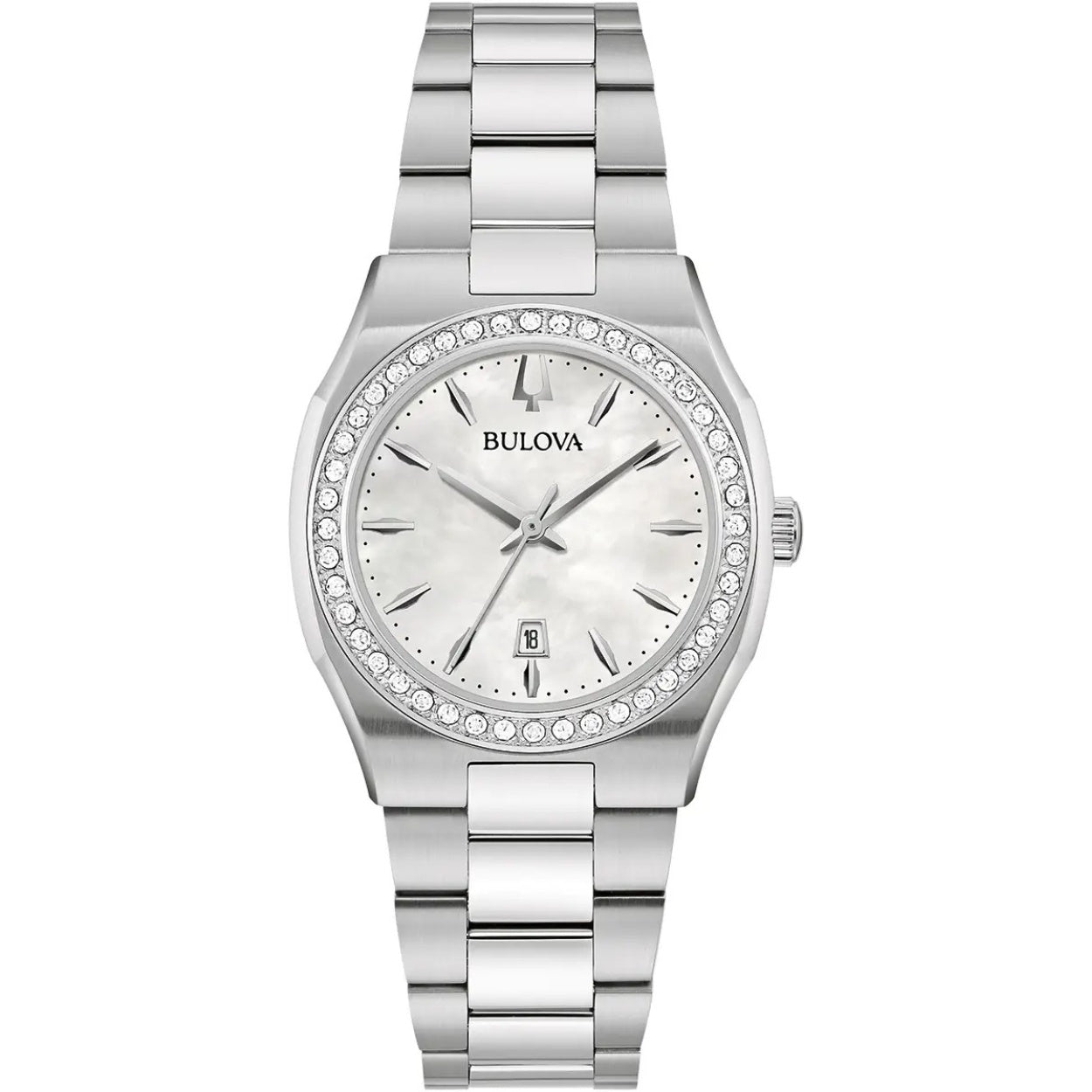 Bulova Surveyor Diamond 96R245 analog damklocka med silver urtavla och armband i rostfritt stål