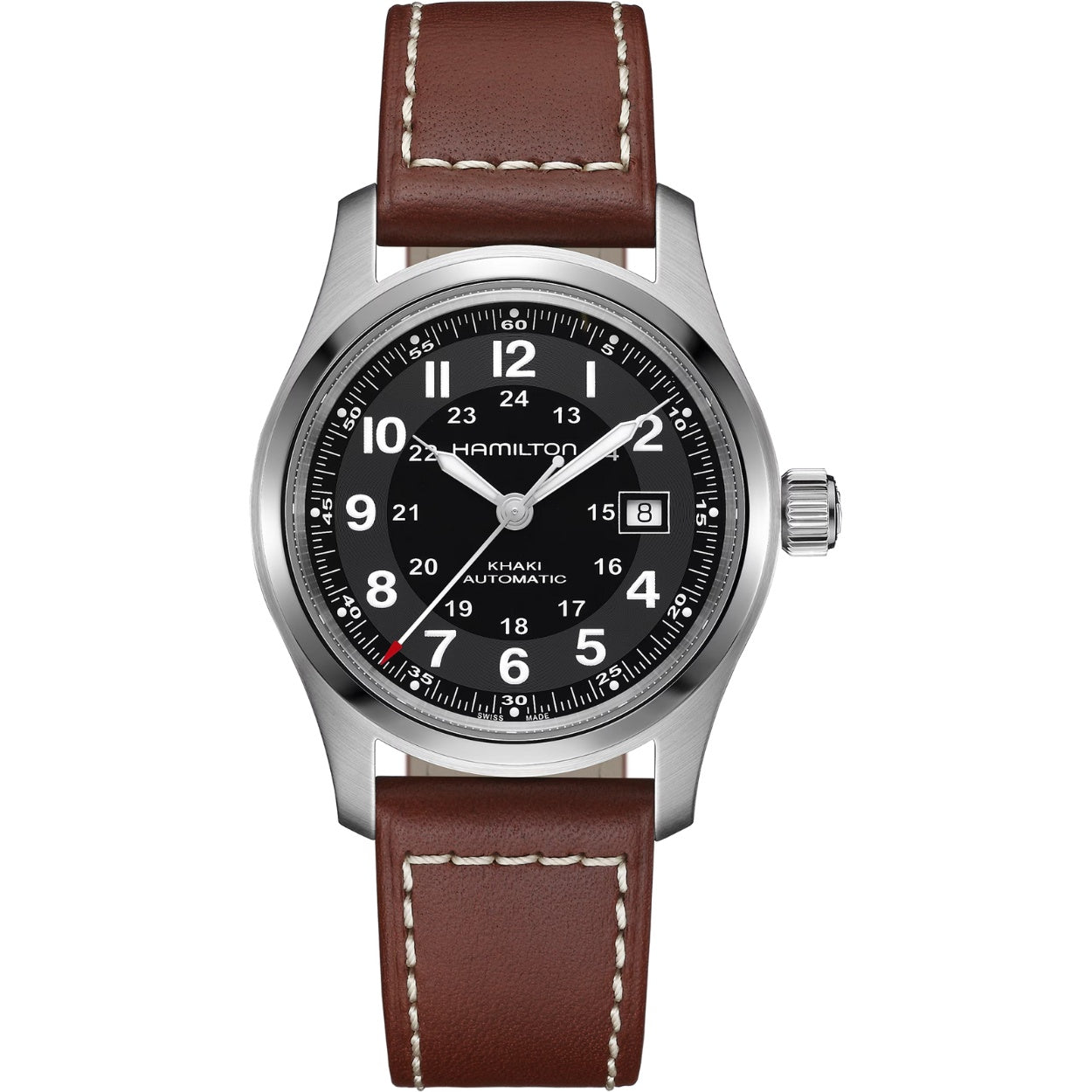 Hamilton Khaki Field Auto H70555533 analog herrklocka med svart urtavla och armband i läder