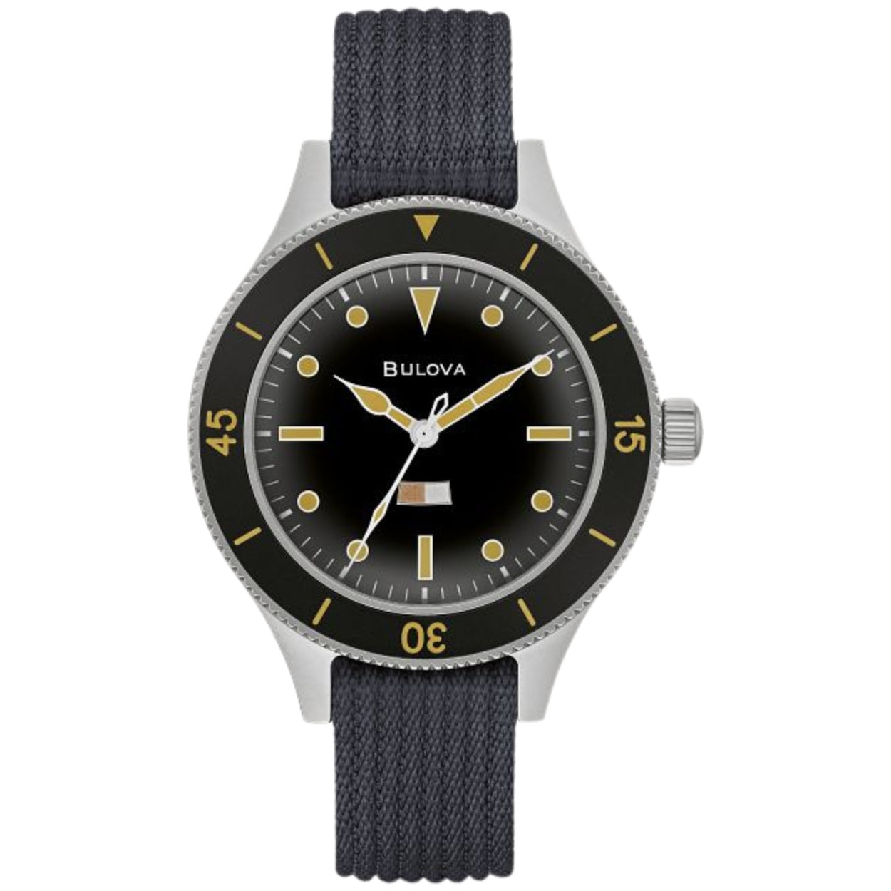 Bulova MIL SHIPS Archive Series 98A266 analog herrklocka med svart urtavla och armband i textil