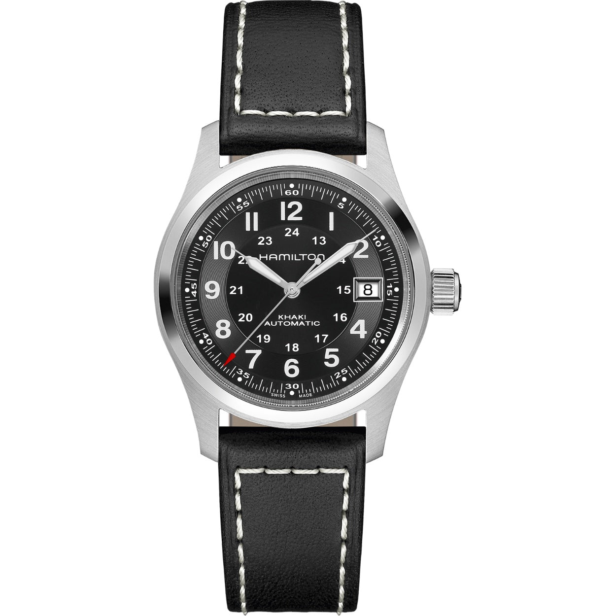 Hamilton Khaki Field Auto H70455733 analog herrklocka med svart urtavla och armband i läder