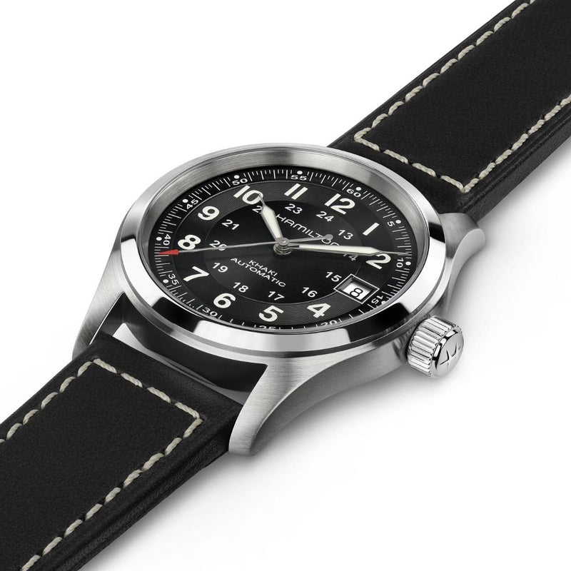 Hamilton Khaki Field Auto H70455733 analog herrklocka med svart urtavla och armband i läder