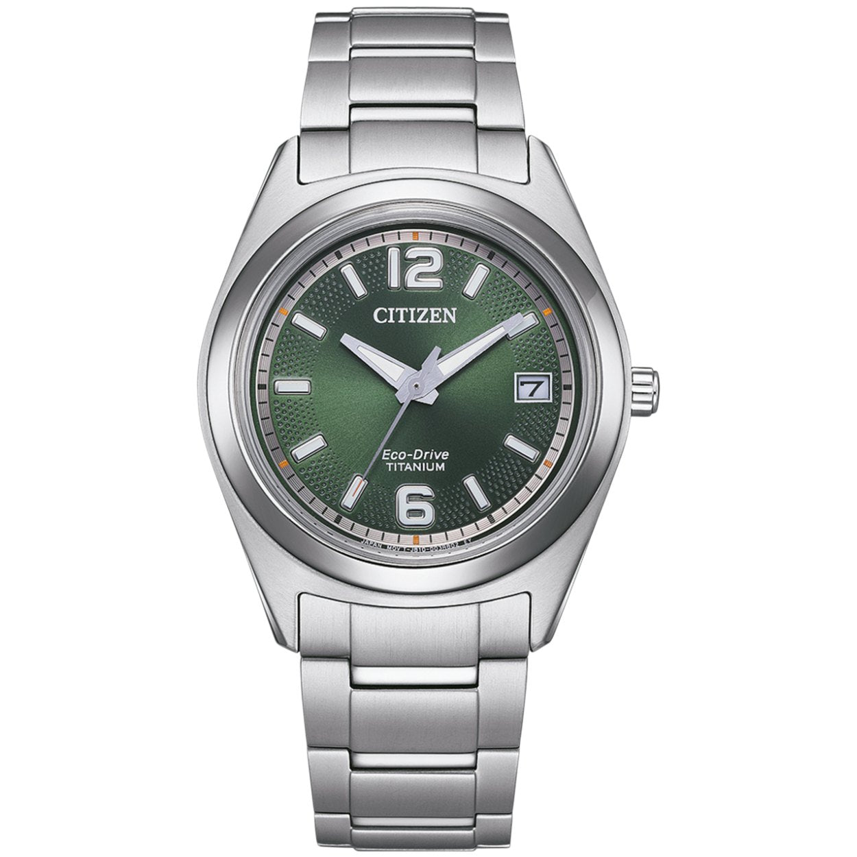 Citizen Super Titanium Eco-Drive FE6151-82X analog damklocka med grön urtavla och armband i titan