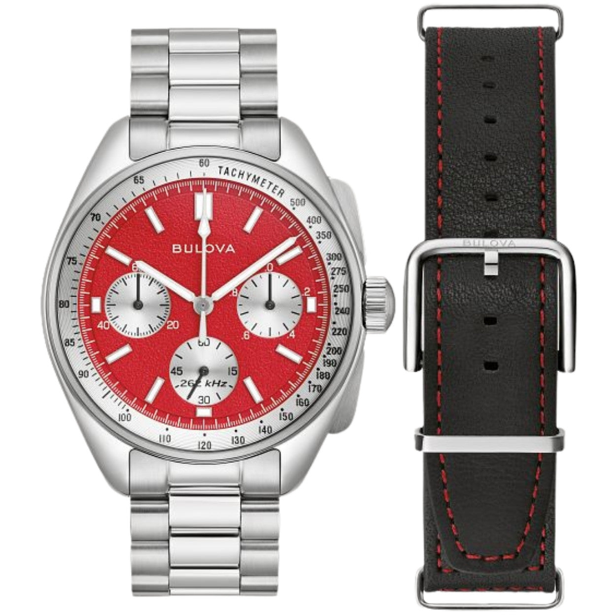 Bulova Lunar Pilot 96K115 analog herrklocka med rött urtavla och armband i rostfritt stål