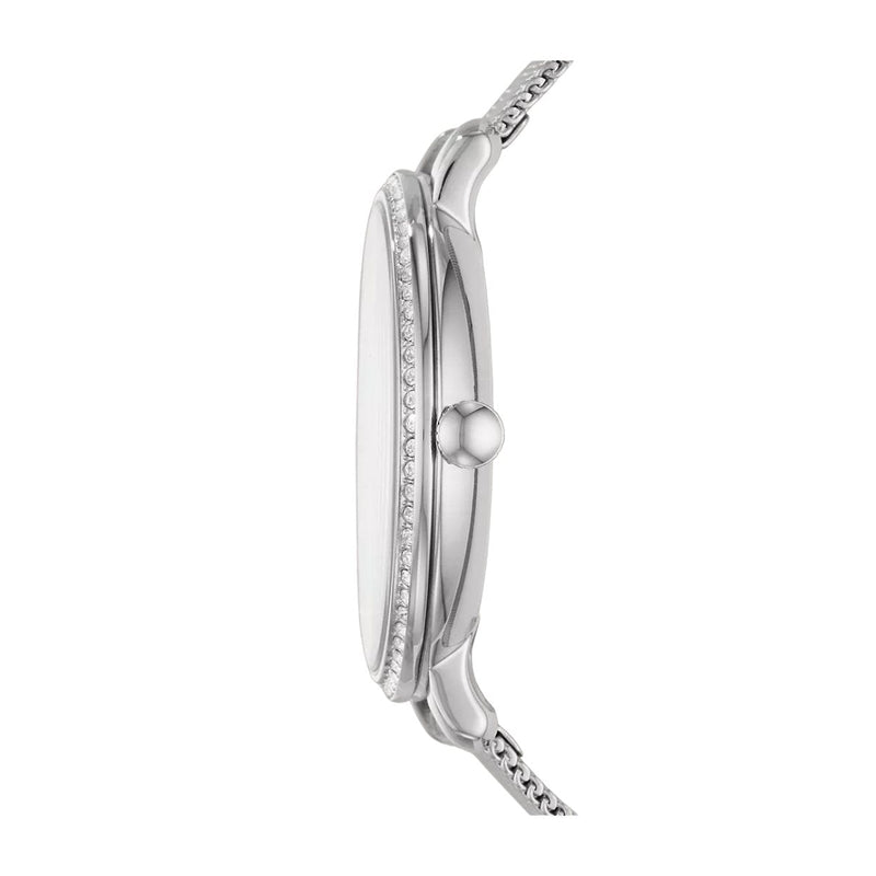 Fossil Jacqueline ES4627 analog damklocka med silver urtavla och armband i rostfritt stål