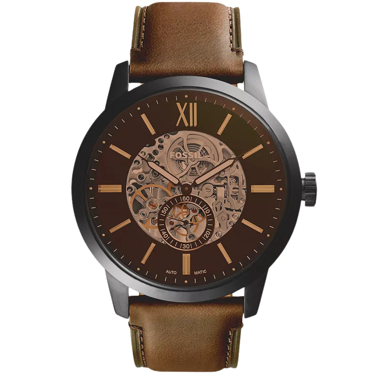 Fossil Townsman Automatic ME3155 analog herrklocka med brun urtavla och armband i läder