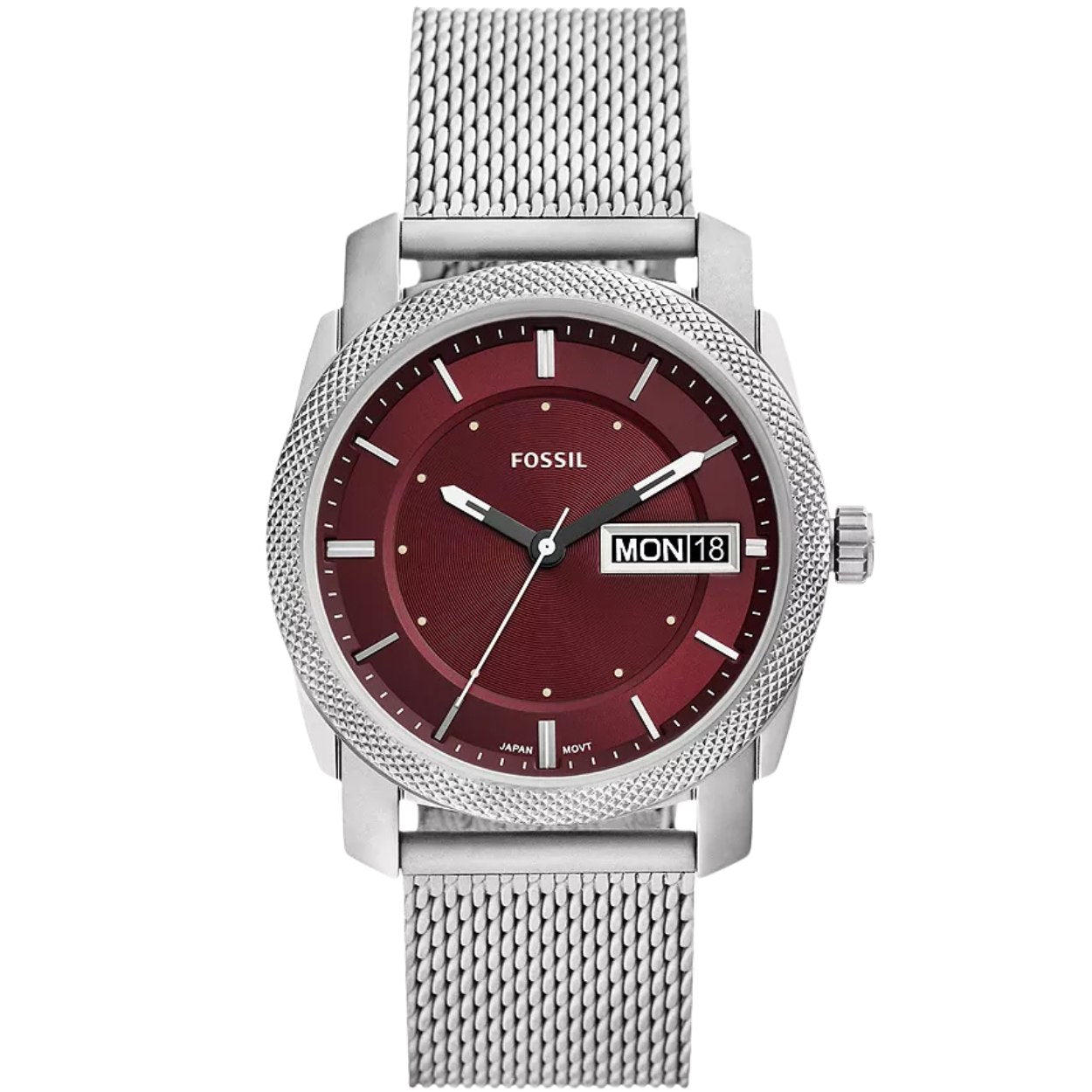 Fossil Machine FS6014 analog herrklocka med rött urtavla och armband i rostfritt stål
