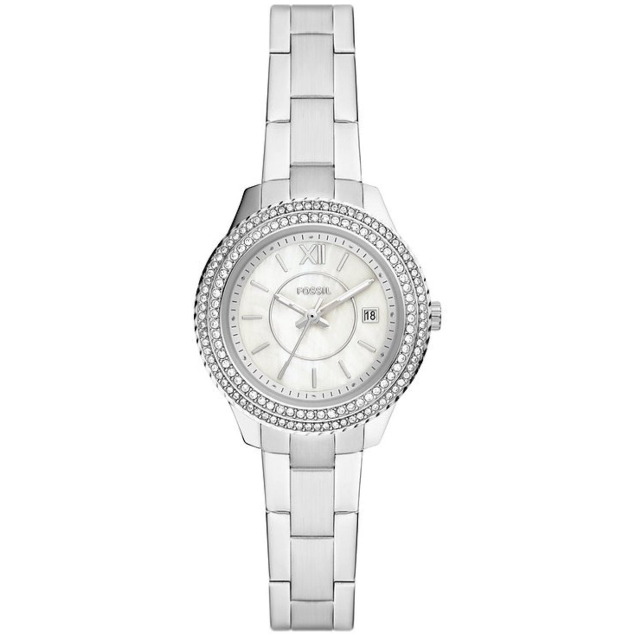 Fossil Stella ES5137 analog damklocka med silver urtavla och armband i rostfritt stål