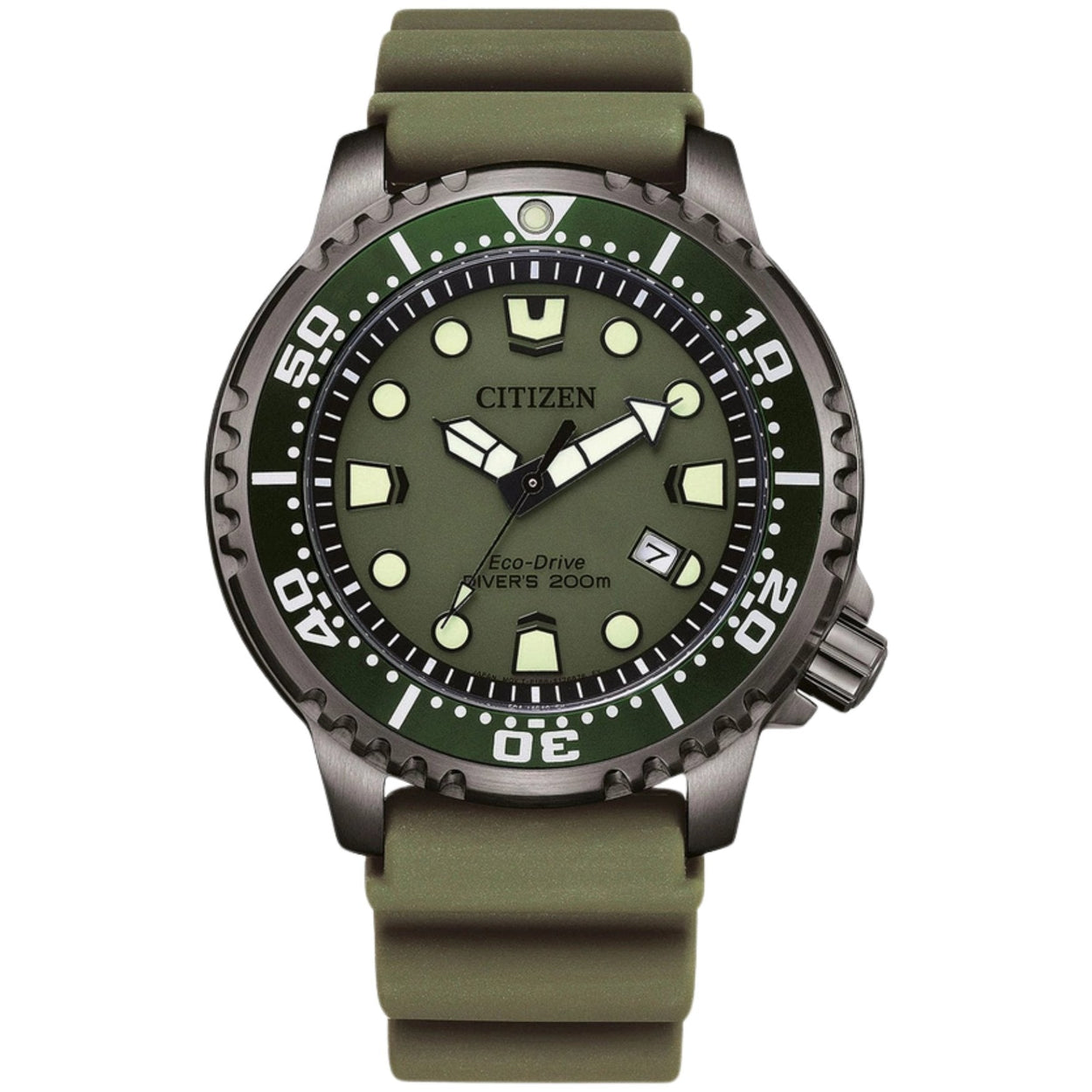 Citizen Promaster Eco-Drive BN0157-11X analog herrklocka med grön urtavla och armband i gummi