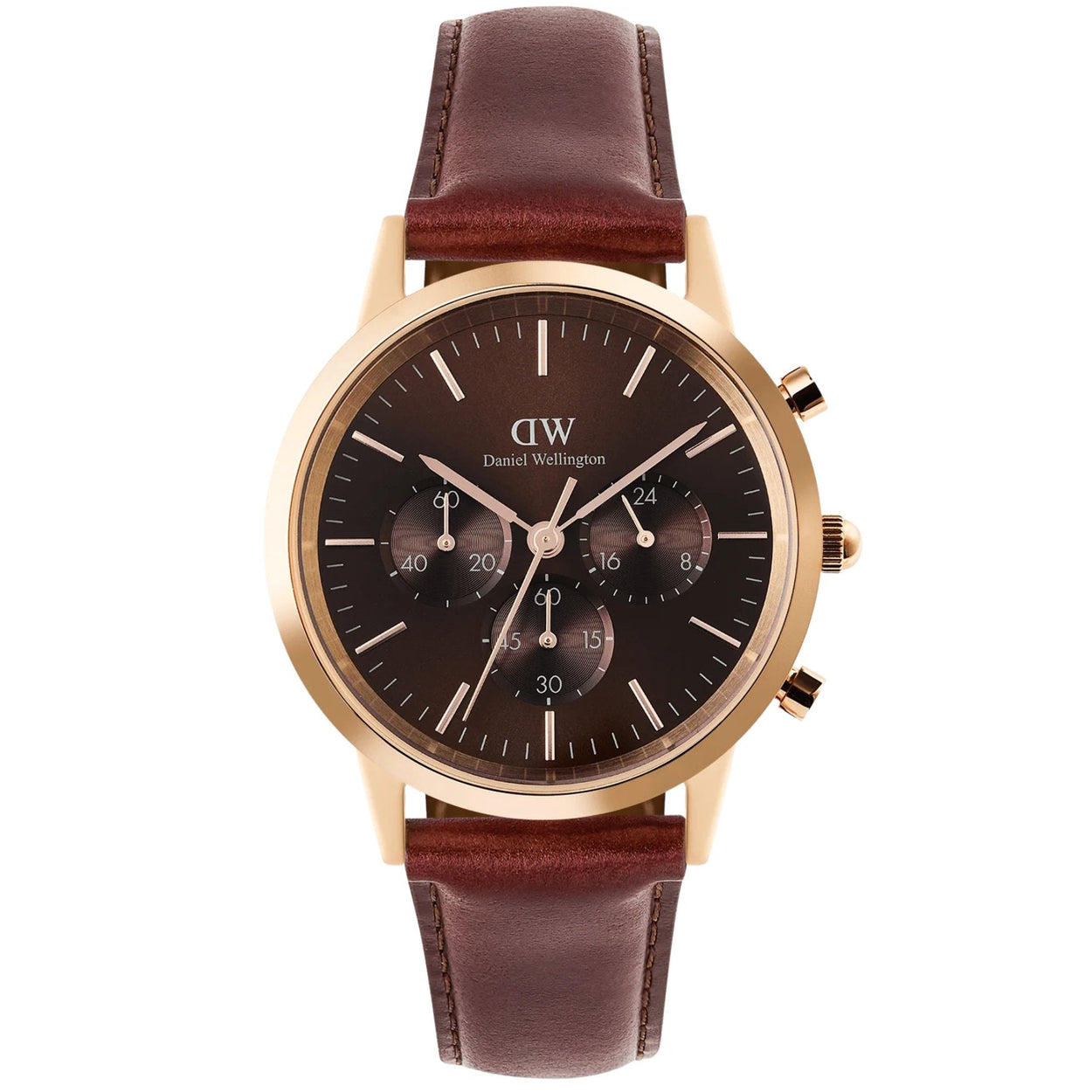 Daniel Wellington Iconic Chronograph St Mawes Amber RG analog herrklocka med brun urtavla och armband i läder