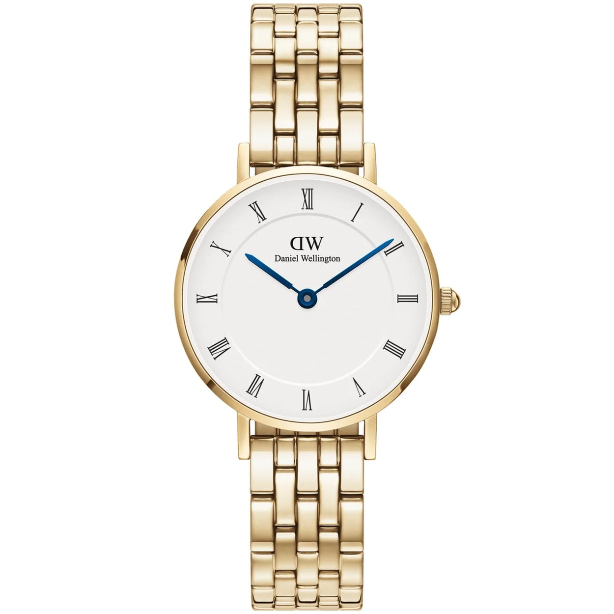 Daniel Wellington Petite Roman Numerals 5-Link DW00100682 analog damklocka med vit urtavla och armband i rostfritt stål