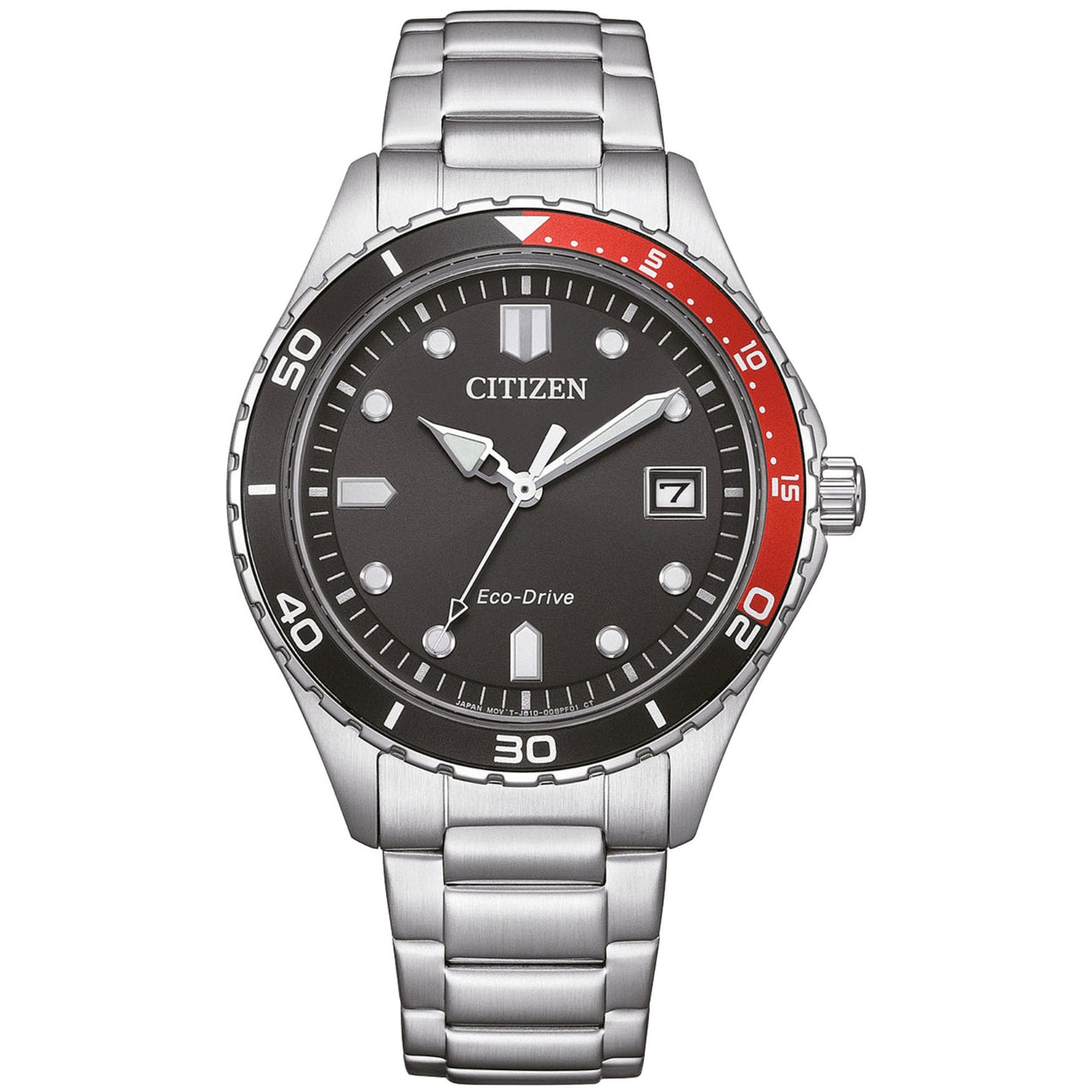 Citizen Eco-Drive Sport AW1820-81E analog herrklocka med svart urtavla och armband i rostfritt stål