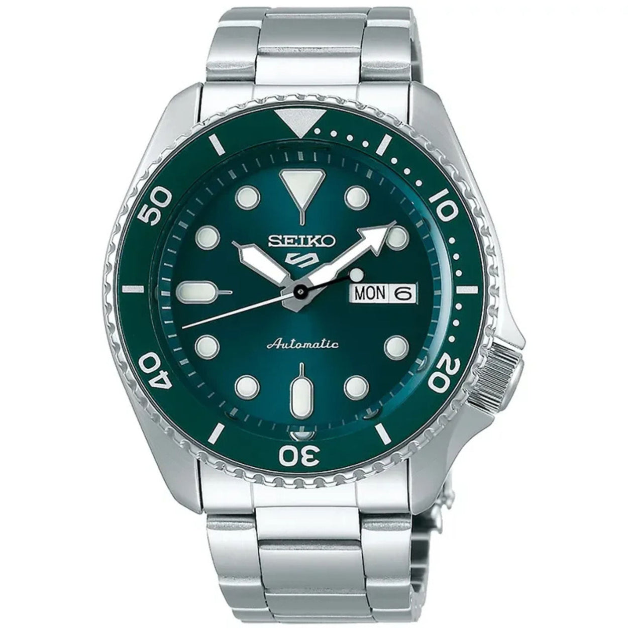 Seiko 5 Sports Automatic SRPD61K1 analog herrklocka med grön urtavla och armband i rostfritt stål