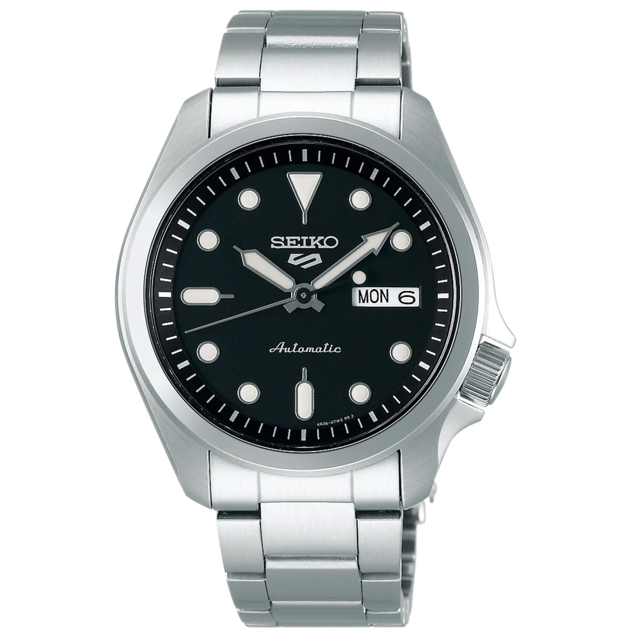 Seiko 5 Sports SRPE55K1 analog herrklocka med svart urtavla och armband i rostfritt stål
