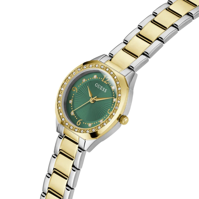 Guess 2-Tone Damklocka GW0767L4 analog damklocka med grön urtavla och armband i rostfritt stål