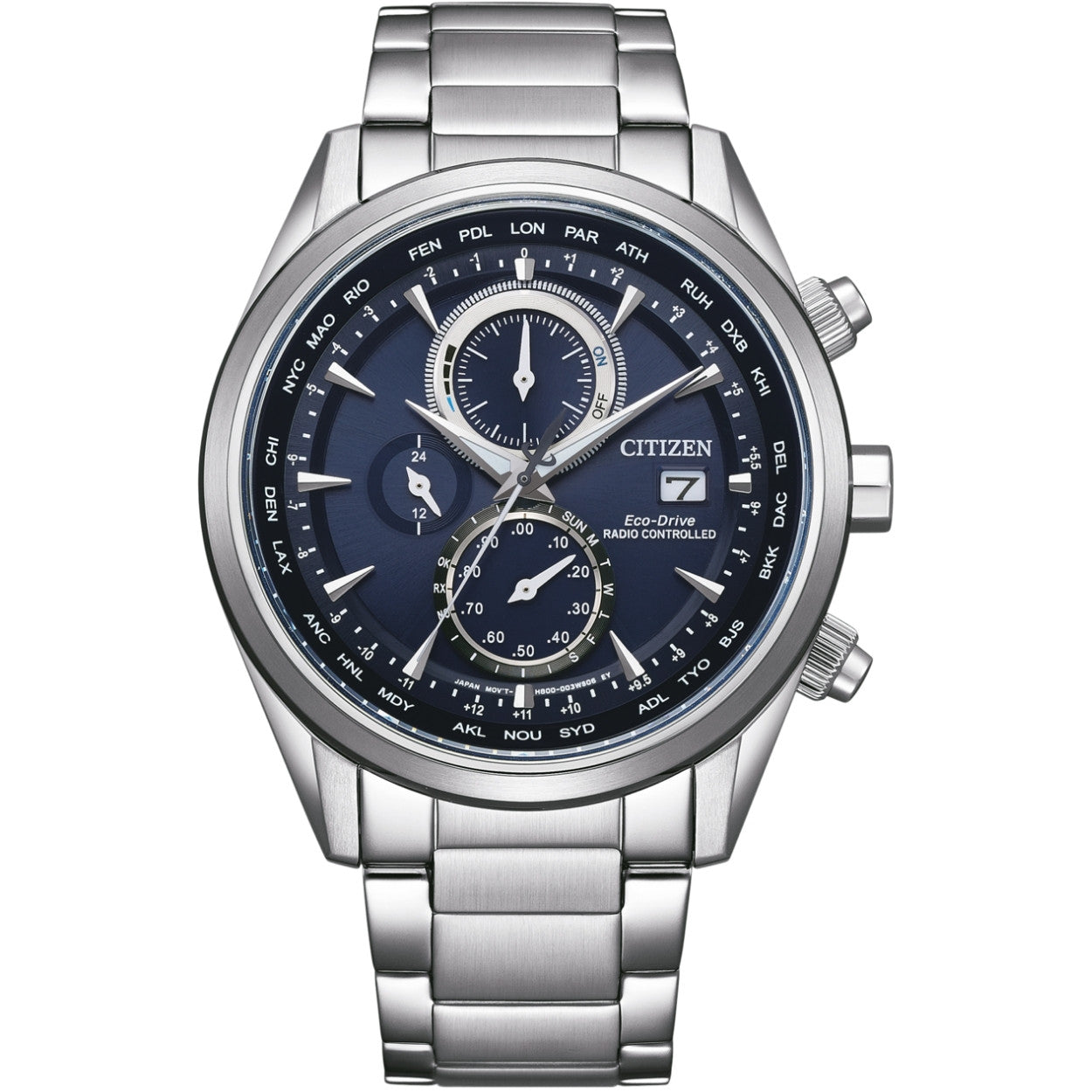 Citizen Radio Controlled Eco-Drive Chronograph AT8260-85L analog herrklocka med blå urtavla och armband i rostfritt stål