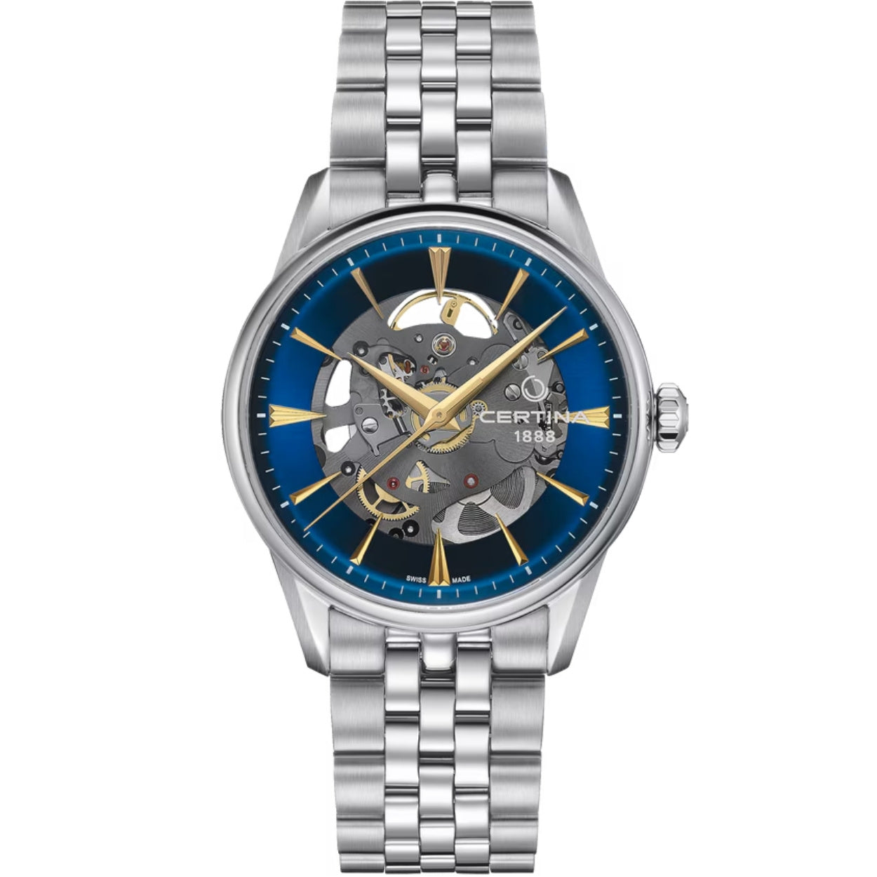 Certina DS-1 Skeleton C029.907.11.041.00 analog herrklocka med blå urtavla och armband i rostfritt stål